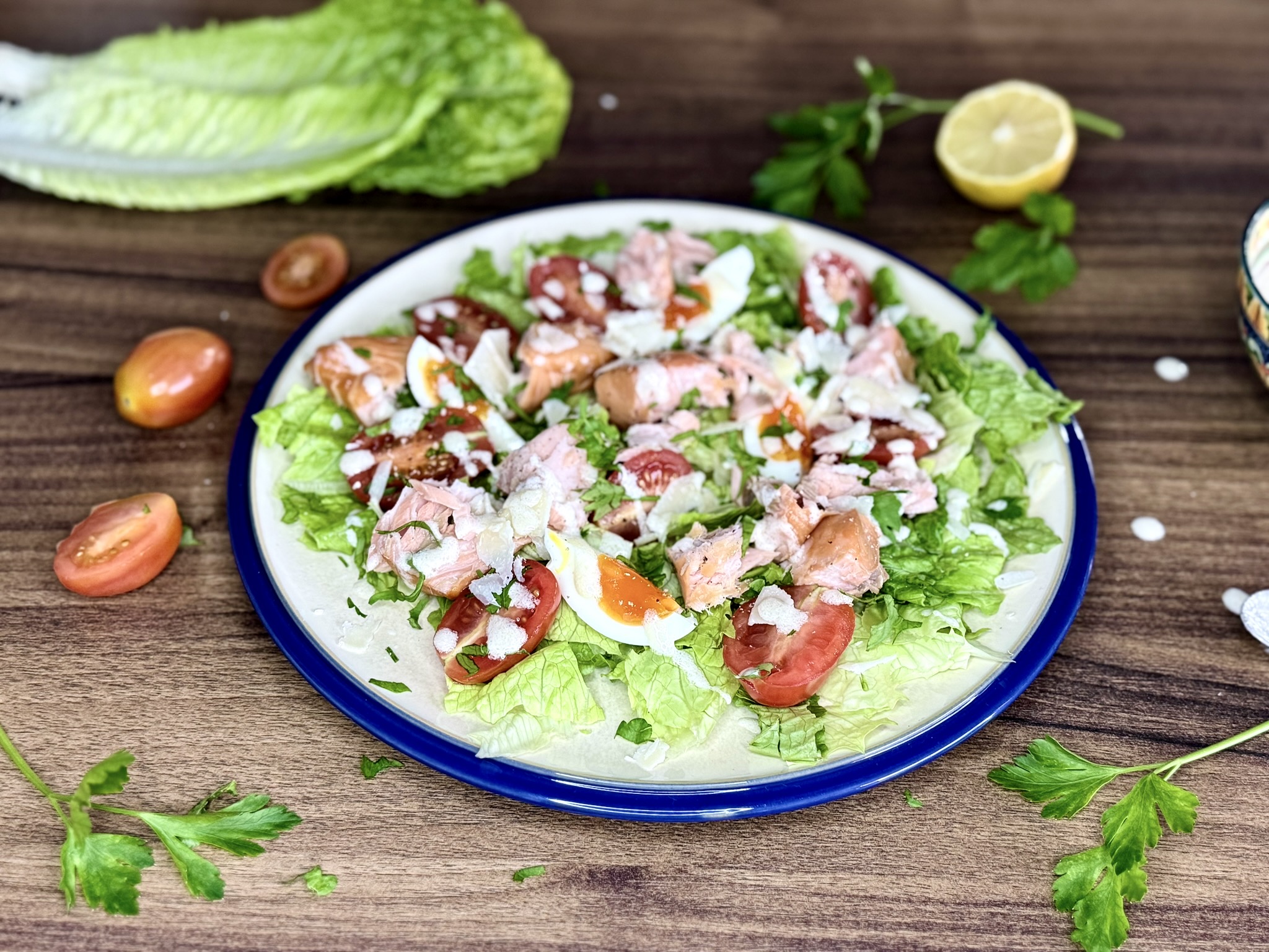 Caesar Salad with Smoked Salmon and Egg