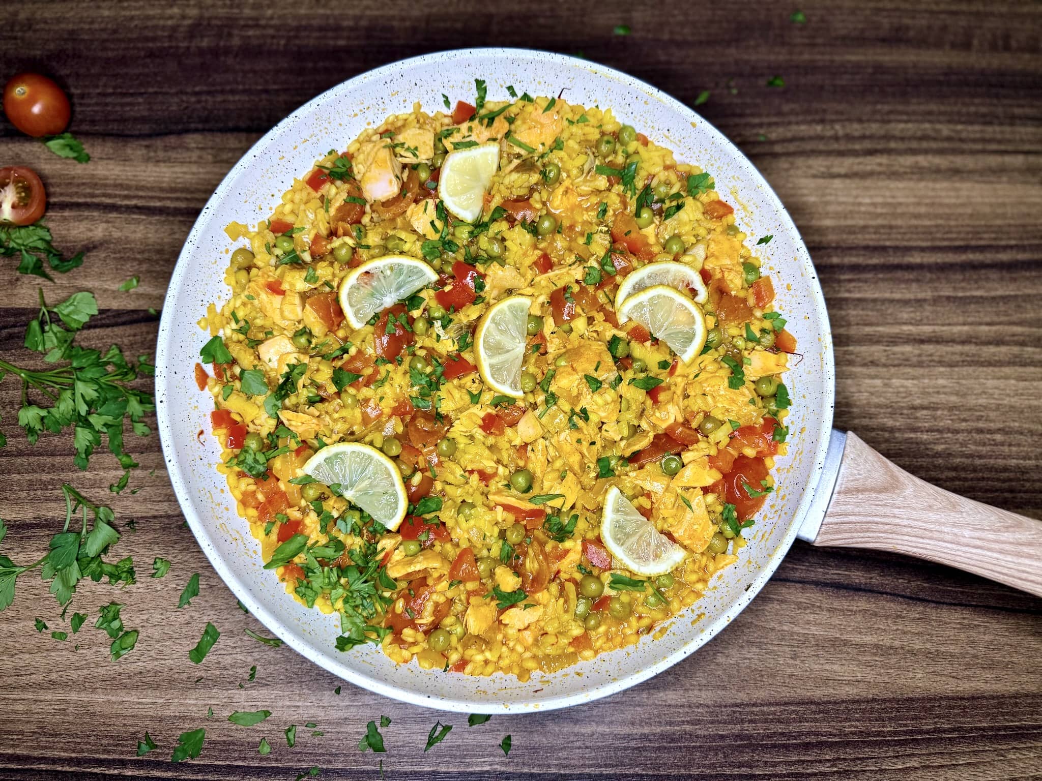 Seafood Paella with Salmon and White Fish